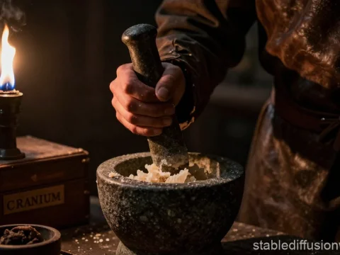 Medieval Apothecary Using Stone Mortar and Pestle by Candlelight