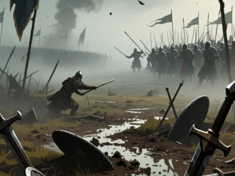 Medieval Battlefield Aftermath with Warriors and Flags