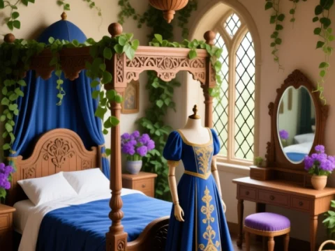 Medieval Bedroom with Elegant Blue and Gold Dress