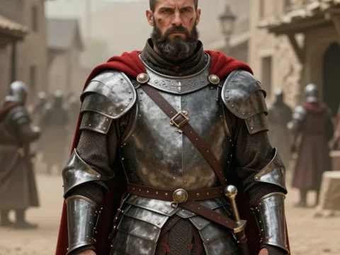 Medieval Captain in Detailed Armor with Red Cape