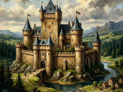 Medieval Castle by a River in a Lush Landscape