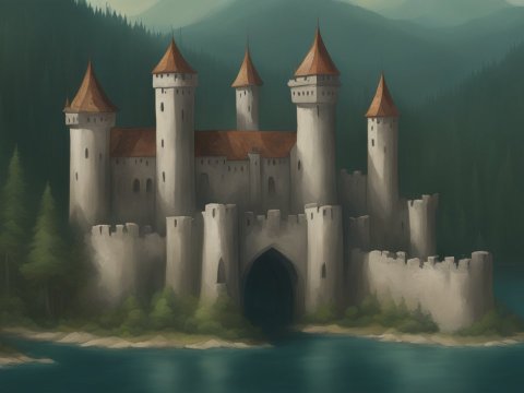 Medieval Castle by the Lake Surrounded by Forest