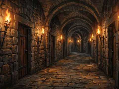 Medieval Castle Corridor with Stone Walls and Torches