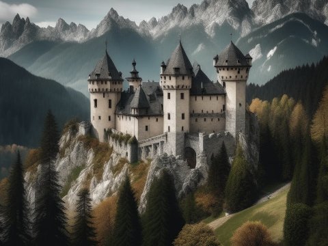 Medieval Castle Nestled in Mountainous Forest Landscape