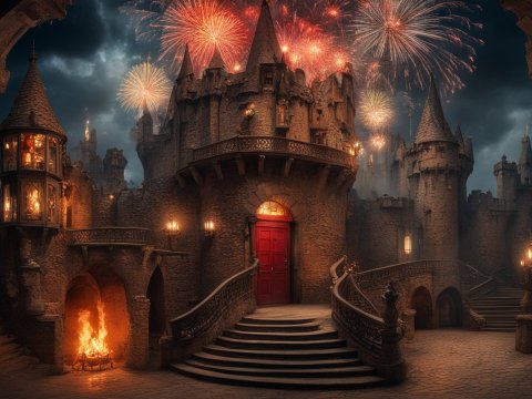 Medieval Castle with Fireworks Celebration at Night