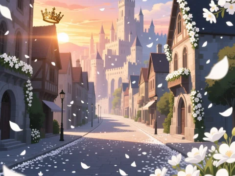 Medieval City Street at Sunset with Castle and Blossoms