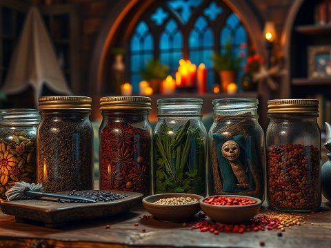 Medieval Colorful Jars with Herbs and Spices in Cozy Setting