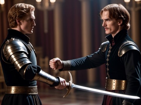 Medieval Duel Between Two Knights in a Grand Hall