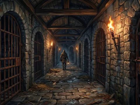Medieval Dungeon Corridor with Hooded Figure