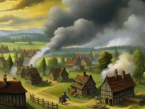 Medieval European Hamlet at Sunrise with Smoke Rising