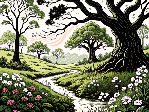 Medieval Fantasy Oak by a Serene Stream