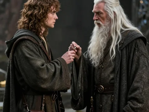 Medieval Fantasy Scene of Young Man Handing Ring to Wizard