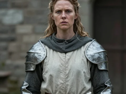 Medieval Female Guard in Armor with Serious Expression