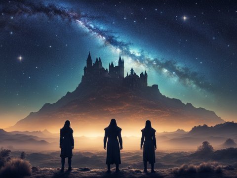 Medieval Figures Facing a Mystical Castle Under a Starry Sky