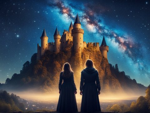 Medieval Figures Gazing at Illuminated Castle Under Starry Sky