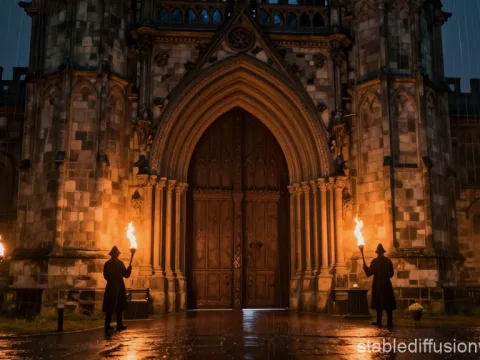 Medieval Fortified Gate with Torchbearers at Night