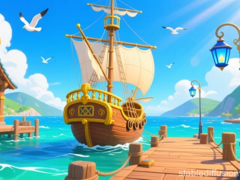 Medieval Harbor with Sailing Ship on a Sunny Day