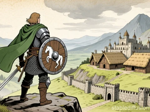 Medieval Hero Overlooking a Castle and Village