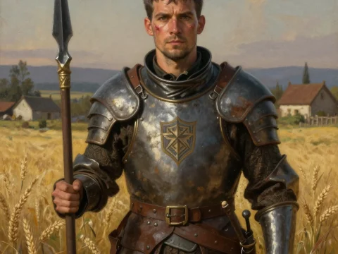 Medieval Knight Guarding Wheat Field