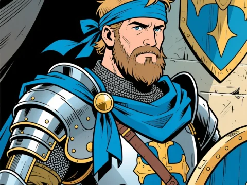 Medieval Knight in Blue Armor and Heraldry