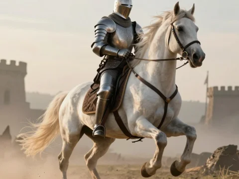 Medieval Knight in Shining Armor Riding a White Horse