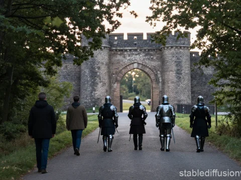 Medieval Knights and Modern Visitors Walking Toward Castle Gate