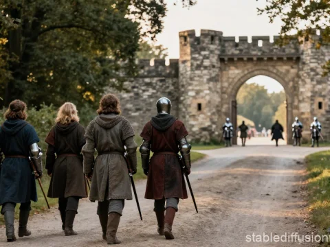 Medieval Knights Approaching a Stone Castle Gate