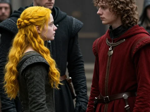 Medieval Lady and Lord in Intense Confrontation