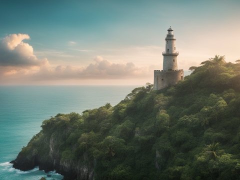 Medieval Lighthouse on Lush Coastal Cliff at Sunset