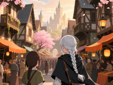 Medieval Market Street with Cherry Blossoms and Castle