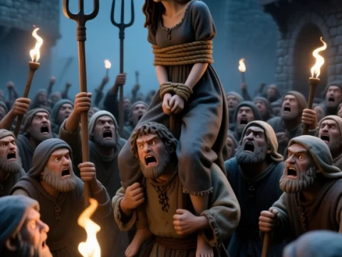 Medieval Mob with Bound Woman on Pole in Village Square