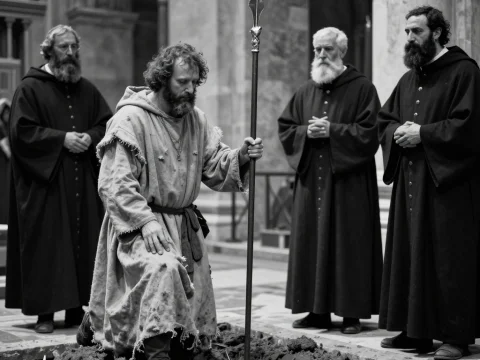 Medieval Monk Kneeling with Lance in Historic Setting
