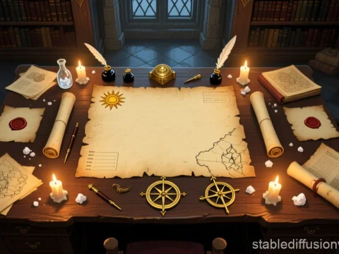 Medieval Monster Hunter's Strategic Desk with Maps and Scrolls