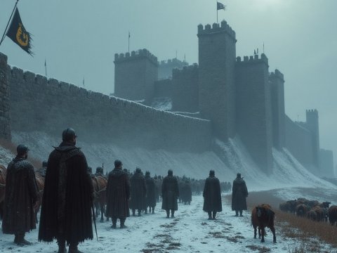 Medieval Soldiers Marching Along Snowy Castle Walls at Dawn