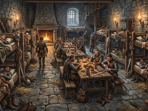 Medieval Soldiers Resting in a Stone Barracks Room