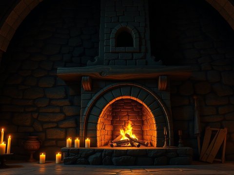 Medieval Stone Fireplace with Warm Candlelight