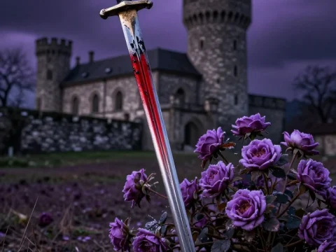 Medieval Sword Stuck in Ground with Blood and Purple Roses