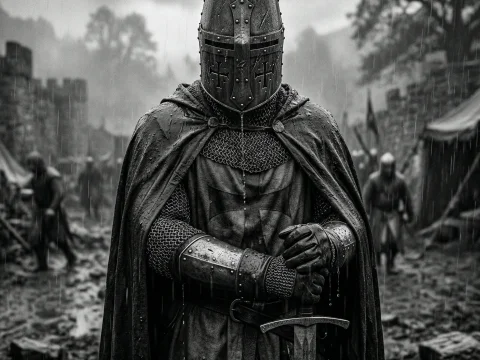 Medieval Templar Knight in Rainy Battlefield