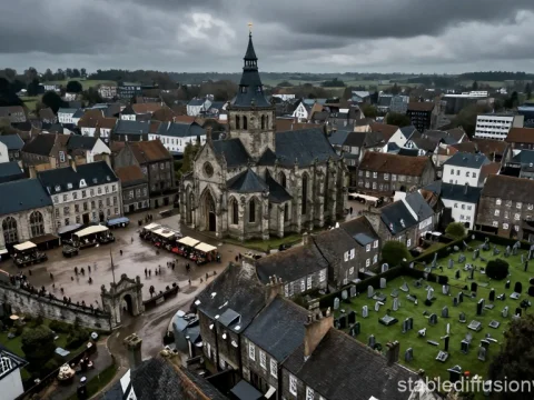 Medieval Town Square with Historic Church and Cemetery
