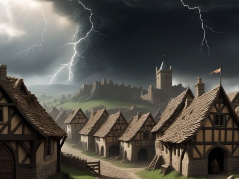 Medieval Village Under a Stormy Sky with Lightning