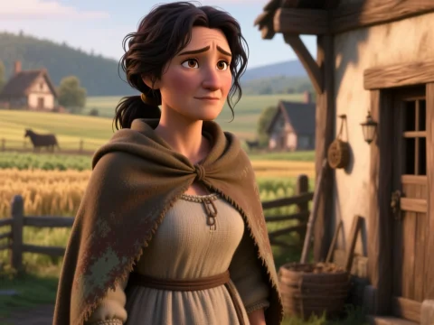 Medieval Village Woman in Cloak Near Cottage