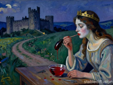 Medieval Woman Applying Lip Color with a Dark Twist