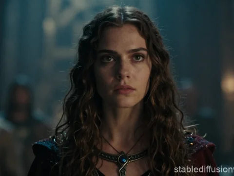 Medieval Woman with Intense Gaze in Dimly Lit Hall