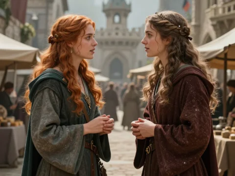 Medieval Women Engaged in Conversation in a Historic Market