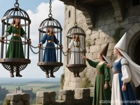 Medieval Women in Hanging Cages at Castle Balcony