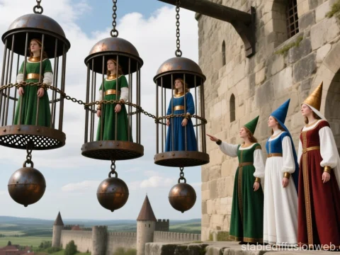 Medieval Women Suspended in Iron Cages Outside Castle