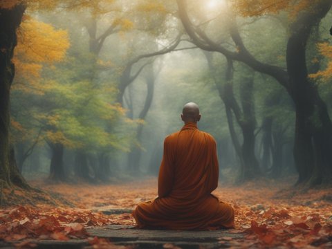 Meditating Monk in Autumn Forest Path