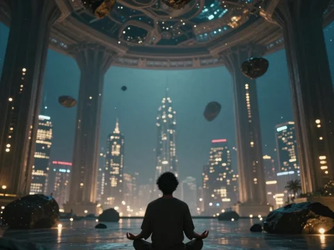 Meditation Amidst Floating Rocks in Futuristic Cityscape
