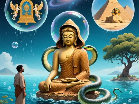 Meditative Buddha with Serpent and Cosmic Symbols