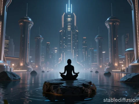 Meditative Figure in Futuristic Cityscape at Night
